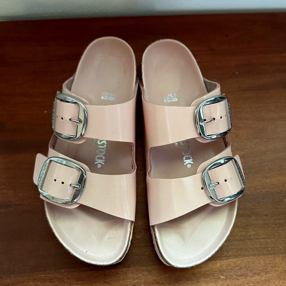 Birkenstock Shoes - Birkenstock Arizona Pink High Shine Silver Buckle Slide Sandals - Size 38